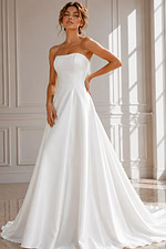Sophisticated Bridal Gown with Sleek Satin Finish, Covered Buttons, and Sweep Train