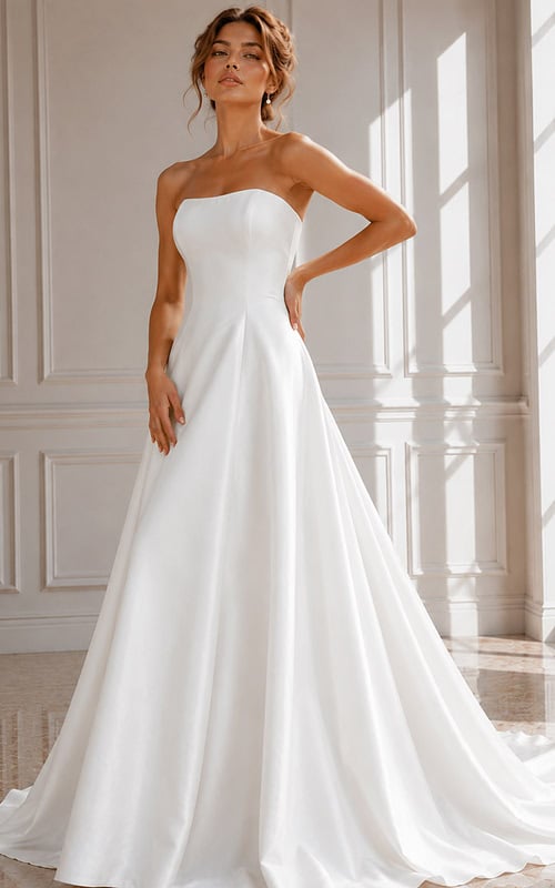 Sophisticated Bridal Gown with Sleek Satin Finish, Covered Buttons, and Sweep Train