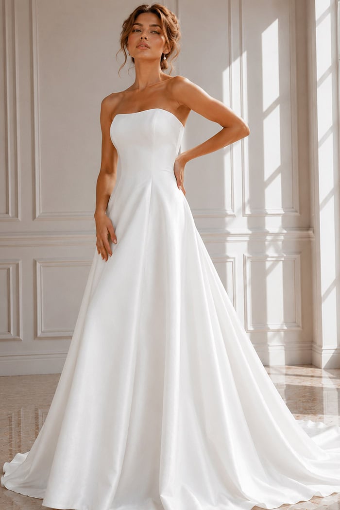 Sophisticated Bridal Gown with Sleek Satin Finish, Covered Buttons, and Sweep Train