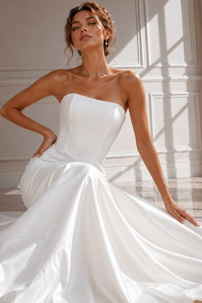Minimalist Strapless Wedding Gown with Full Satin Skirt and Timeless Silhouette