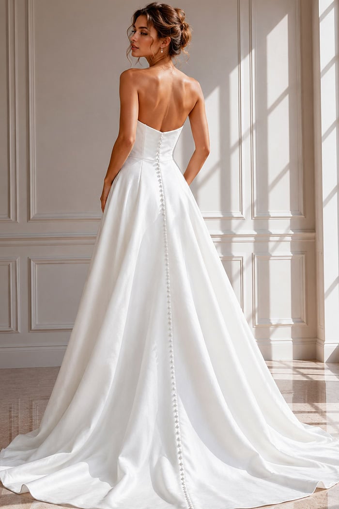 Elegant A-Line Bridal Dress with Straight Neckline, Seam Detailing, and Flowing Train