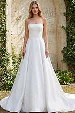 strapless satin bridal gown with full A line skirt and clean modern silhouette