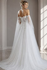 ivory floral lace A-line wedding dress with off the shoulder tulle cape sleeves and sheer corset bodice, front view, Jovani Bridal style JB42480
