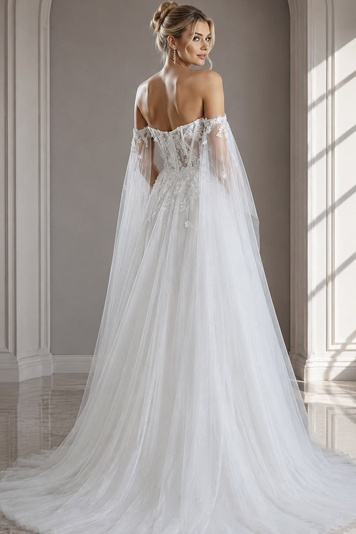 ivory floral lace A-line wedding dress with off the shoulder tulle cape sleeves and sheer corset bodice, front view, Jovani Bridal style JB42480