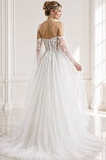 ivory floral lace A-line wedding dress with off the shoulder tulle cape sleeves and sheer corset bodice, front view, Jovani Bridal style JB42480