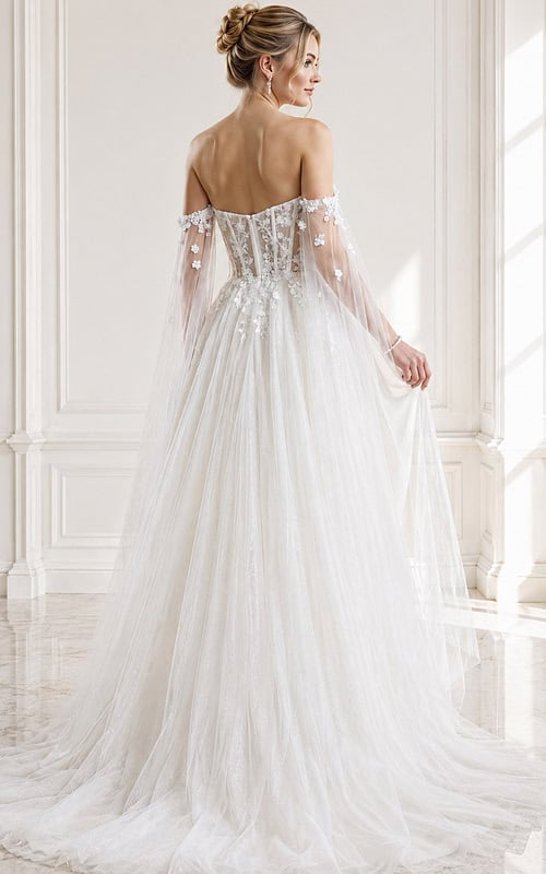 ivory floral lace A-line wedding dress with off the shoulder tulle cape sleeves and sheer corset bodice, front view, Jovani Bridal style JB42480