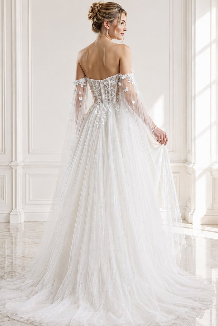 ivory floral lace A-line wedding dress with off the shoulder tulle cape sleeves and sheer corset bodice, front view, Jovani Bridal style JB42480