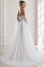 ivory floral lace A-line wedding dress with off the shoulder tulle cape sleeves and sheer corset bodice, front view, Jovani Bridal style JB42480
