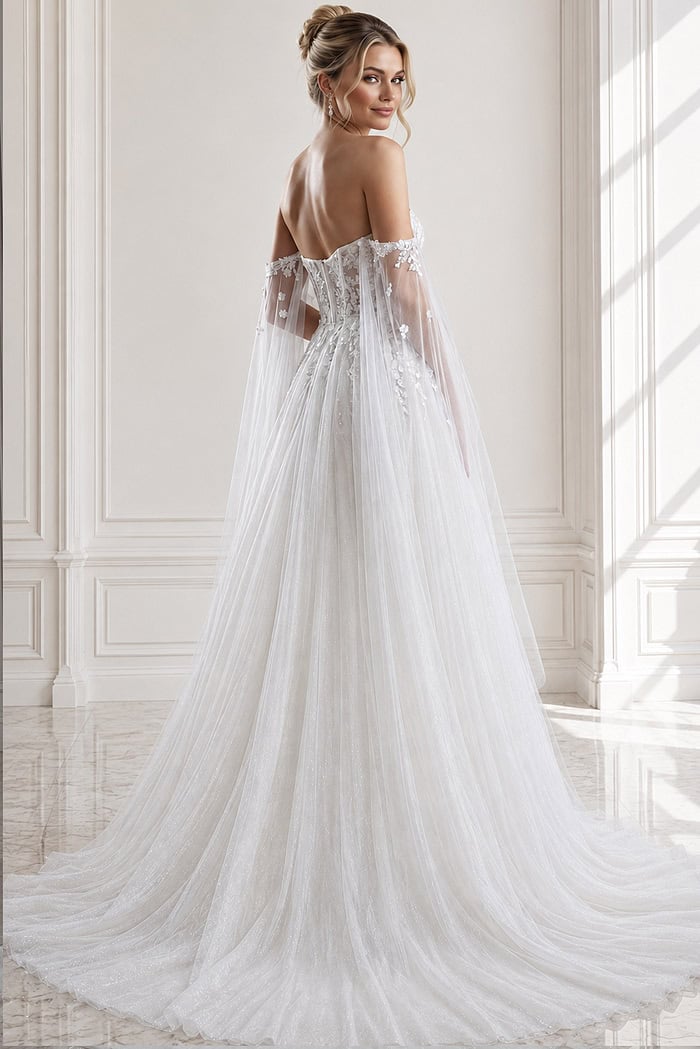 ivory floral lace A-line wedding dress with off the shoulder tulle cape sleeves and sheer corset bodice, front view, Jovani Bridal style JB42480