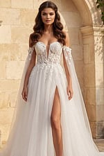 Off shoulder lace wedding dress with illusion corset and glowing tulle skirt