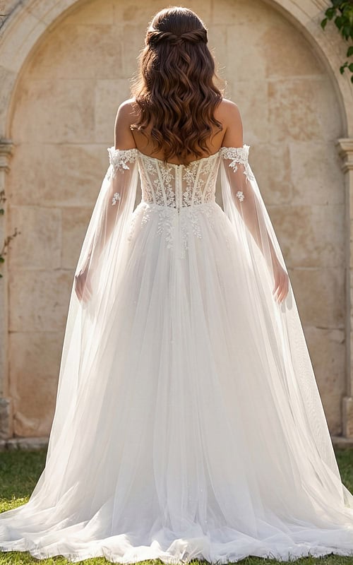 Romantic lace bridal gown with draped tulle sleeves and flowing skirt
