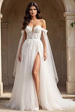 Front view wedding dress with deep illusion neckline and thigh slit tulle overlay