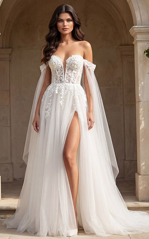 Front view wedding dress with deep illusion neckline and thigh slit tulle overlay