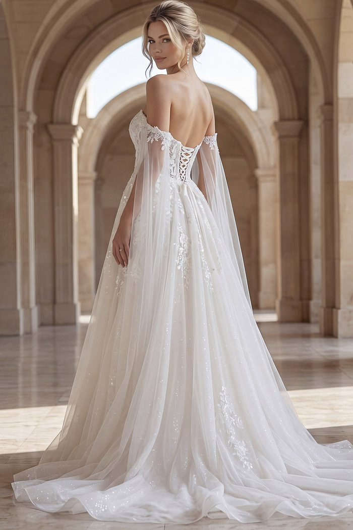 ivory floral lace A-line wedding dress with off the shoulder tulle cape sleeves, lace up corset back and sparkle tulle skirt, front view, Jovani Bridal style JB42481