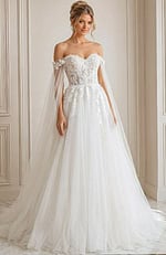 ivory floral lace A-line wedding dress with off the shoulder tulle cape sleeves, lace up corset back and sparkle tulle skirt, front view, Jovani Bridal style JB42481