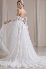 ivory floral lace A-line wedding dress with off the shoulder tulle cape sleeves, lace up corset back and sparkle tulle skirt, front view, Jovani Bridal style JB42481