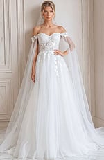 ivory floral lace A-line wedding dress with off the shoulder tulle cape sleeves, lace up corset back and sparkle tulle skirt, front view, Jovani Bridal style JB42481