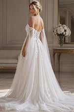 ivory floral lace A-line wedding dress with off the shoulder tulle cape sleeves, lace up corset back and sparkle tulle skirt, front view, Jovani Bridal style JB42481