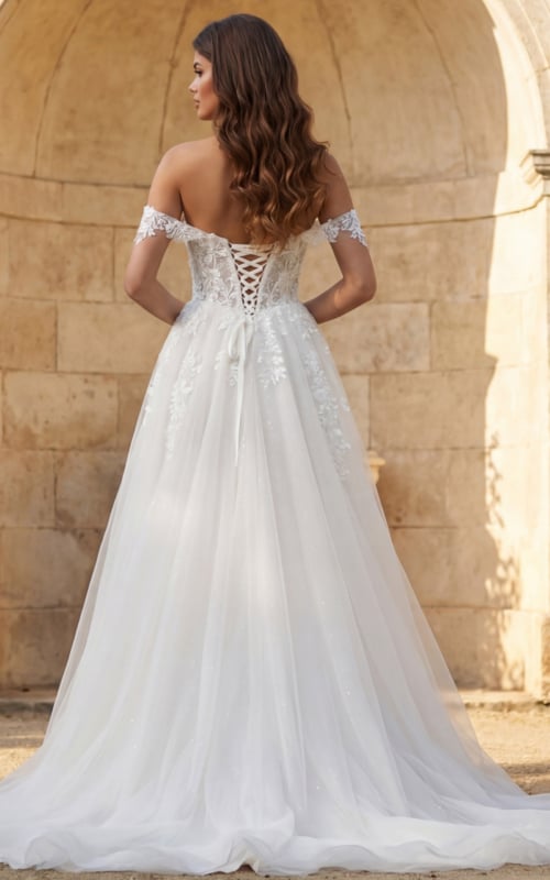 Strapless embroidered wedding dress with flowing tulle skirt and detachable sheer sleeves
