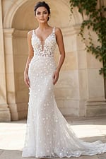 Fit and flare bridal gown with sheer floral bodice