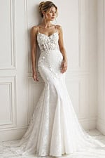 ivory 3D floral lace fitted mermaid wedding dress with V neckline, spaghetti straps and tulle cape train, front view, Jovani Bridal style JB42484