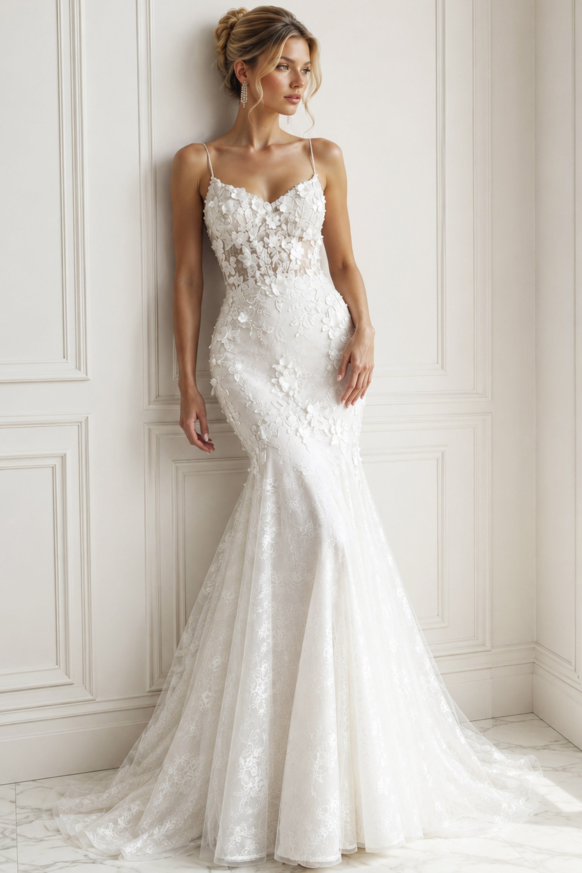 JB42484-21 ivory 3D floral lace fitted mermaid wedding dress with V neckline, spaghetti straps and tulle cape train, front view, Jovani Bridal style JB42484