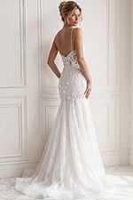 ivory 3D floral lace fitted mermaid wedding dress with V neckline, spaghetti straps and tulle cape train, front view, Jovani Bridal style JB42484