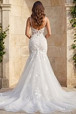 Back view of lace mermaid wedding dress with sheer lace train and thin straps