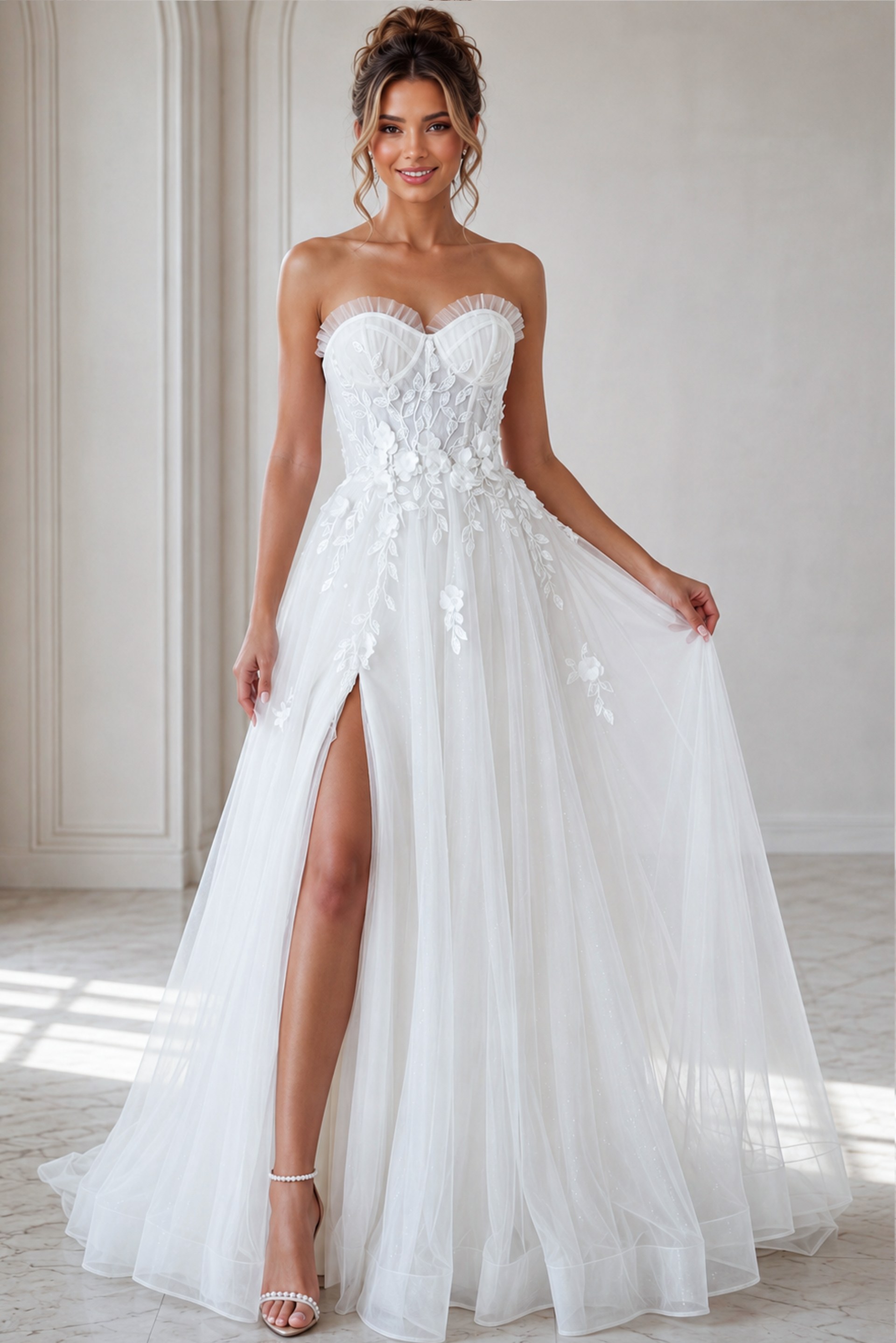 white tulle strapless A-line wedding dress with sweetheart neckline, 3D floral lace bodice and high slit, front view, Jovani Bridal style JB42485