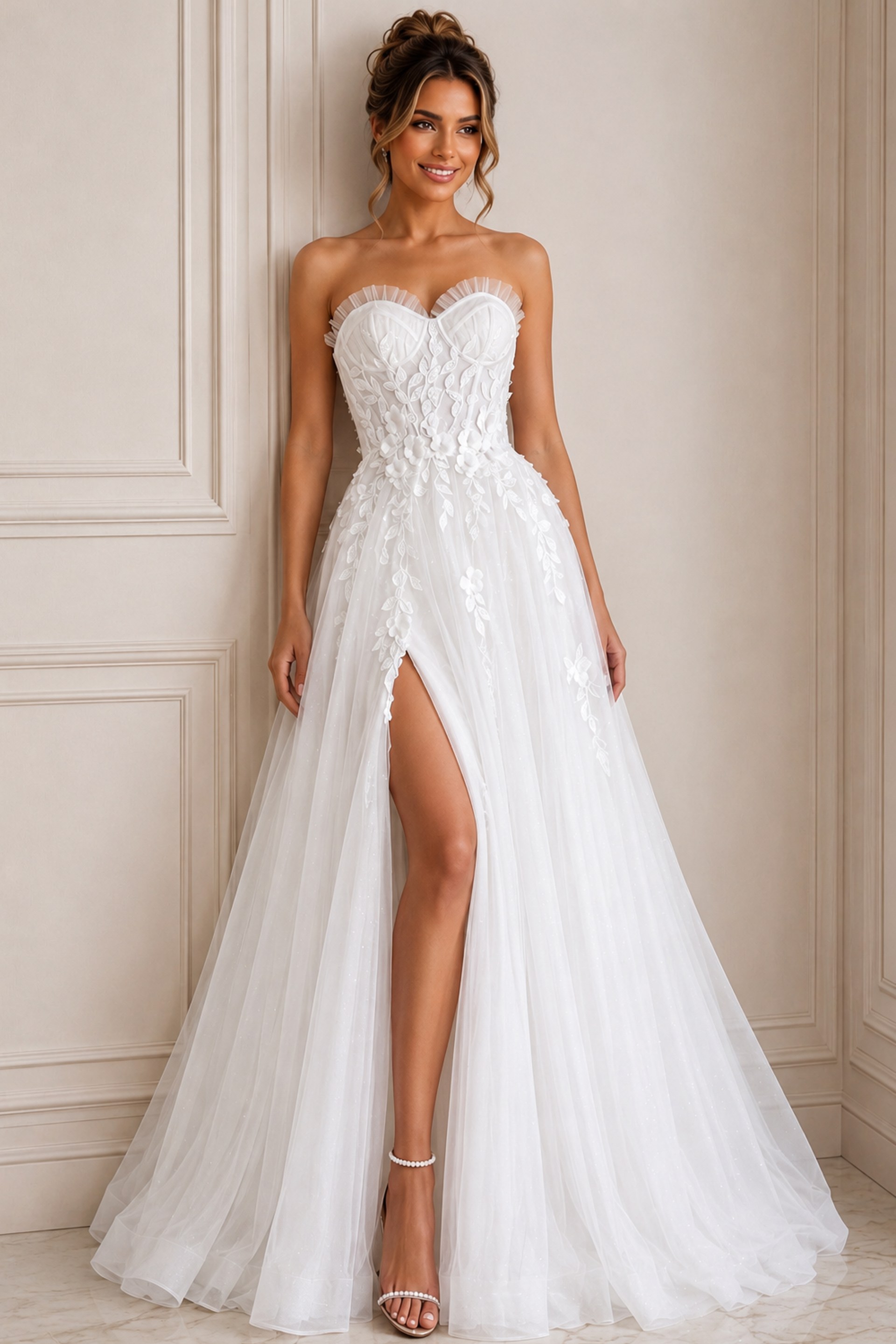 white tulle strapless A-line wedding dress with sweetheart neckline, 3D floral lace bodice and high slit, front view, Jovani Bridal style JB42485