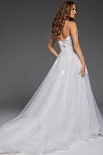Model wearing Jovani JB42485 white gown, back view with flowing train