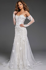 Model wearing Jovani JB42486 white mermaid gown with long lace sleeves and sweetheart neckline.