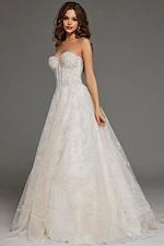 Model wearing JB42766 white A-line gown with sweetheart neckline, front view.