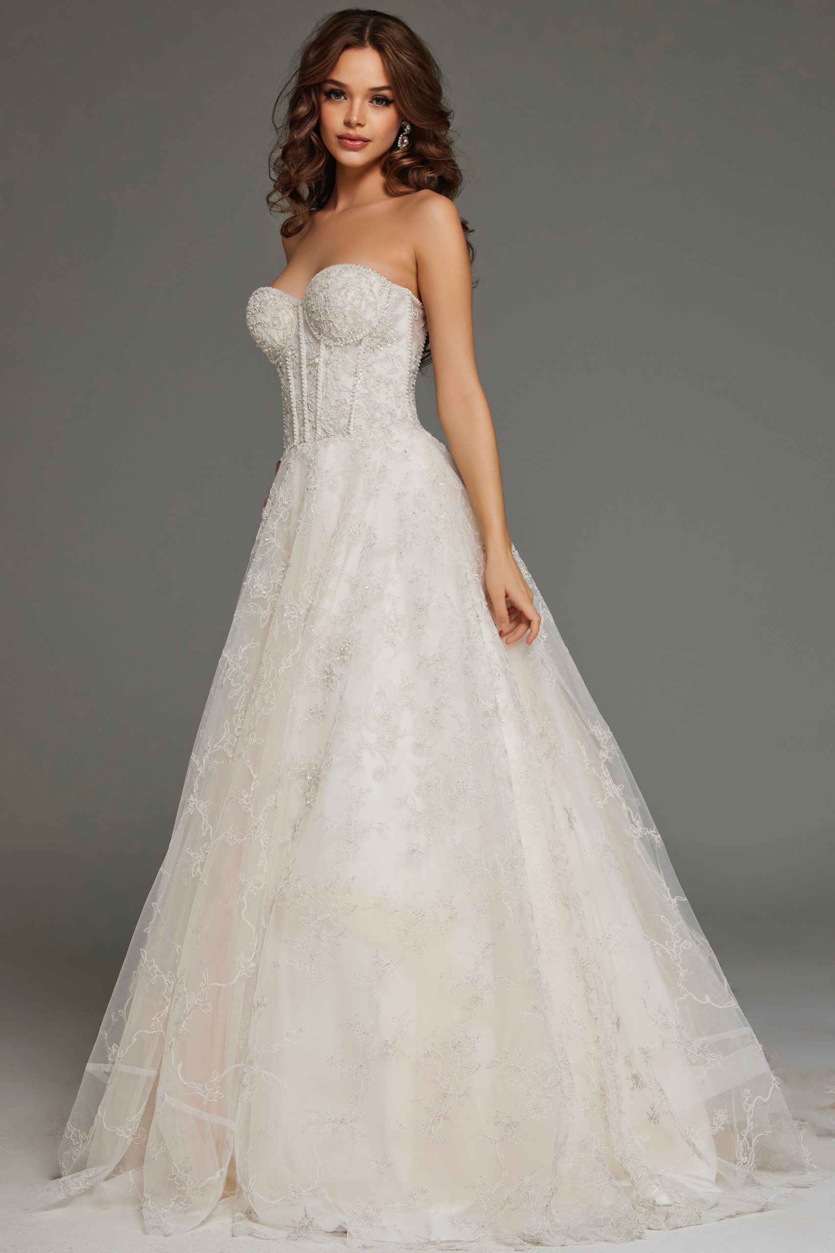 JOVANI SALE ダブルボタン付きストラップレスレアロングドレス Elegant Strapless Corset Bridal Gown with Lace Details