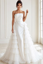 ivory satin strapless fitted wedding dress with draped asymmetric neckline and tiered tulle ruffle overskirt, front view, Jovani Bridal style JB42769