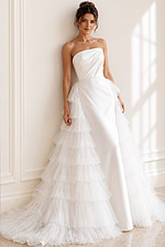 ivory satin strapless fitted wedding dress with draped asymmetric neckline and tiered tulle ruffle overskirt, front view, Jovani Bridal style JB42769