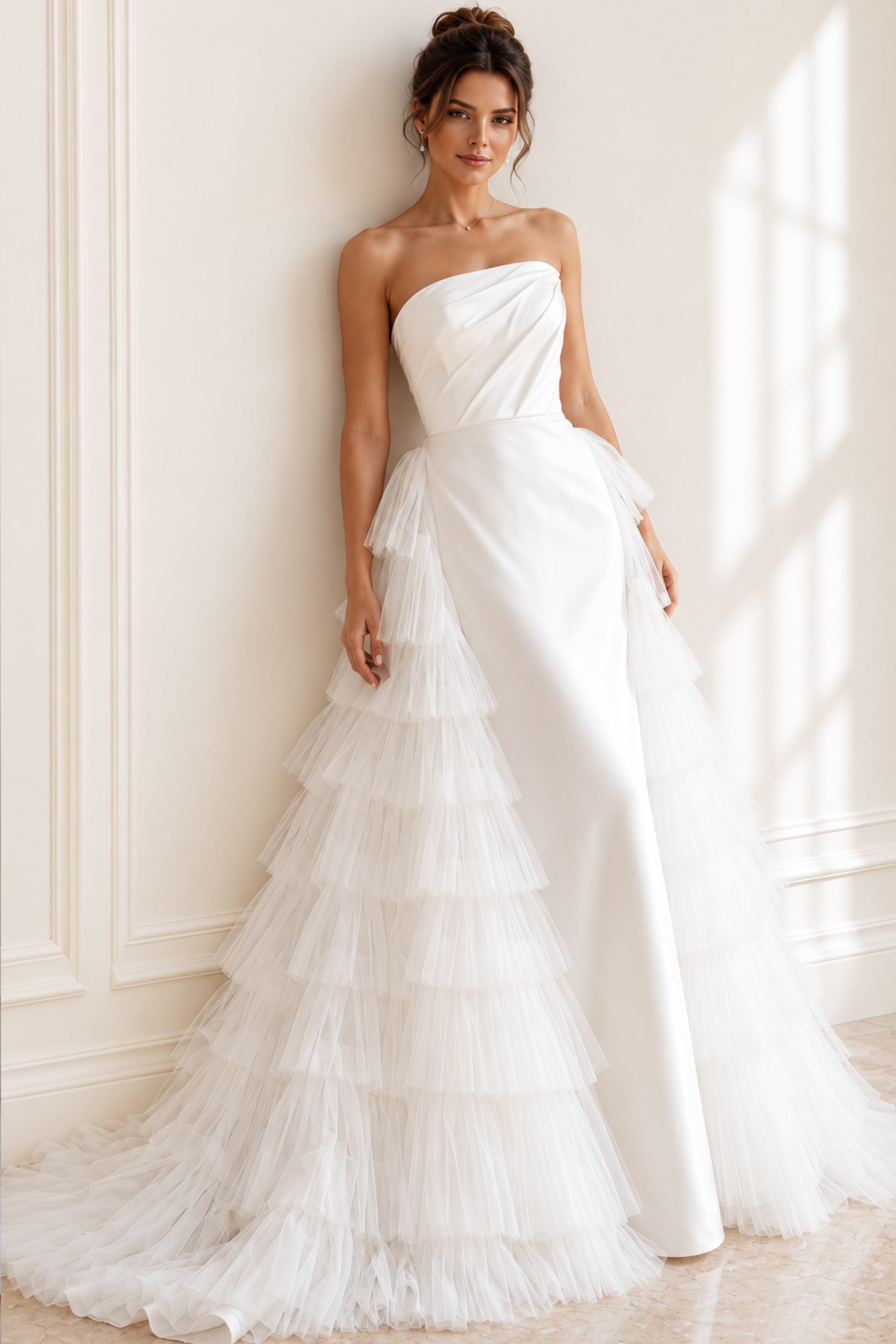JB42769-12 ivory satin strapless fitted wedding dress with draped asymmetric neckline and tiered tulle ruffle overskirt, front view, Jovani Bridal style JB42769