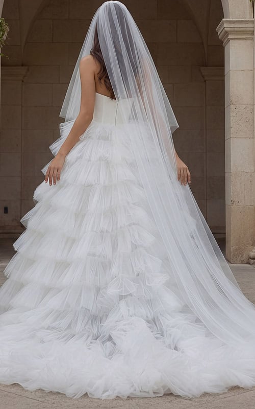Back view of one shoulder tiered tulle wedding gown.