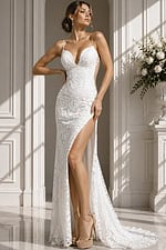 Glamorous Backless Wedding Dress – Chic fitted lace gown with delicate straps, bold slit, and dramatic bridal appeal.