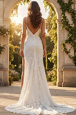 Back view of lace wedding dress with low V back and long flowing train