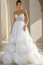 white tulle strapless ballgown wedding dress with pearl beaded corset bodice and rosette ruffle skirt, front view, Jovani Bridal style JB42782