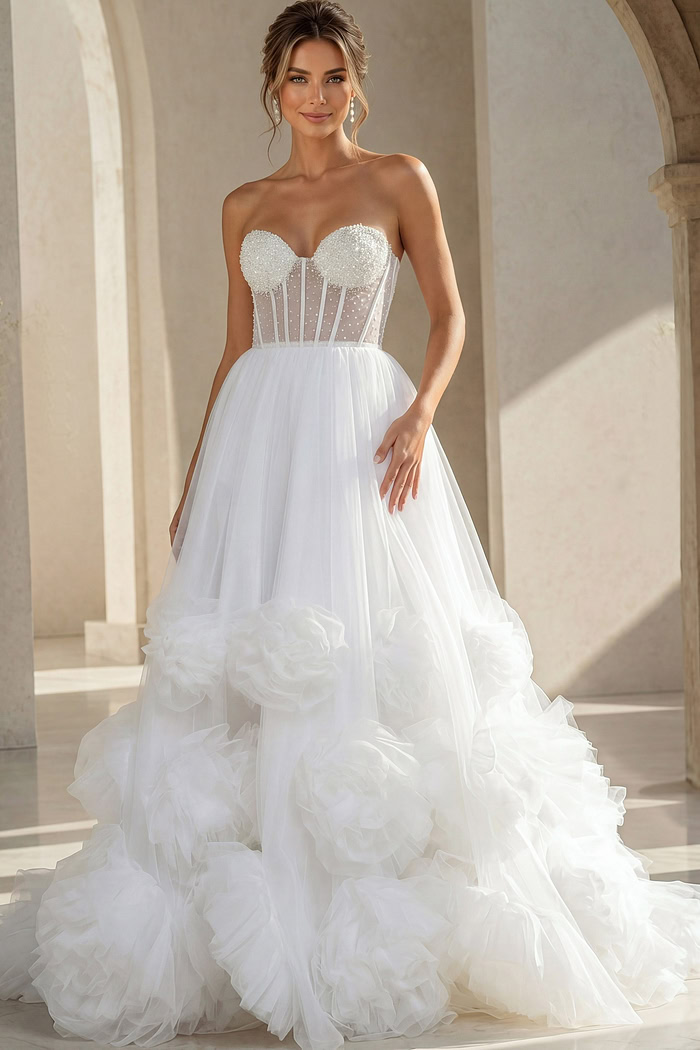 white tulle strapless ballgown wedding dress with pearl beaded corset bodice and rosette ruffle skirt, front view, Jovani Bridal style JB42782