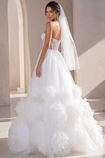 white tulle strapless ballgown wedding dress with pearl beaded corset bodice and rosette ruffle skirt, front view, Jovani Bridal style JB42782
