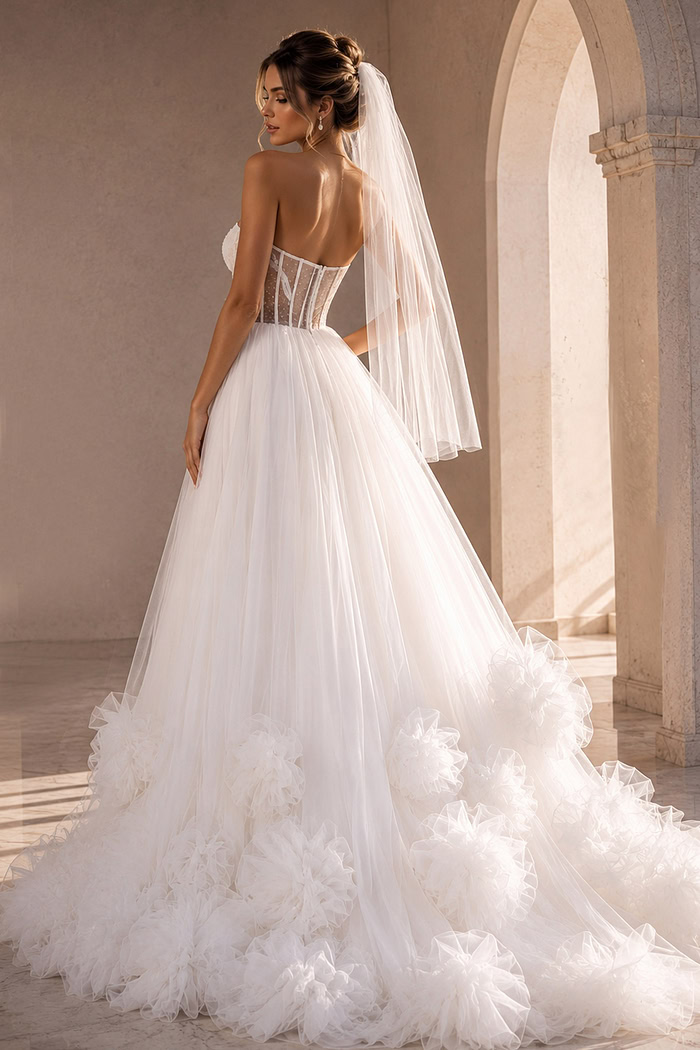 white tulle strapless ballgown wedding dress with pearl beaded corset bodice and rosette ruffle skirt, front view, Jovani Bridal style JB42782