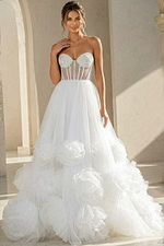 white tulle strapless ballgown wedding dress with pearl beaded corset bodice and rosette ruffle skirt, front view, Jovani Bridal style JB42782