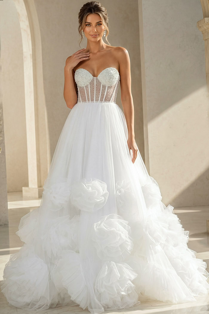 white tulle strapless ballgown wedding dress with pearl beaded corset bodice and rosette ruffle skirt, front view, Jovani Bridal style JB42782