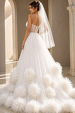 white tulle strapless ballgown wedding dress with pearl beaded corset bodice and rosette ruffle skirt, front view, Jovani Bridal style JB42782