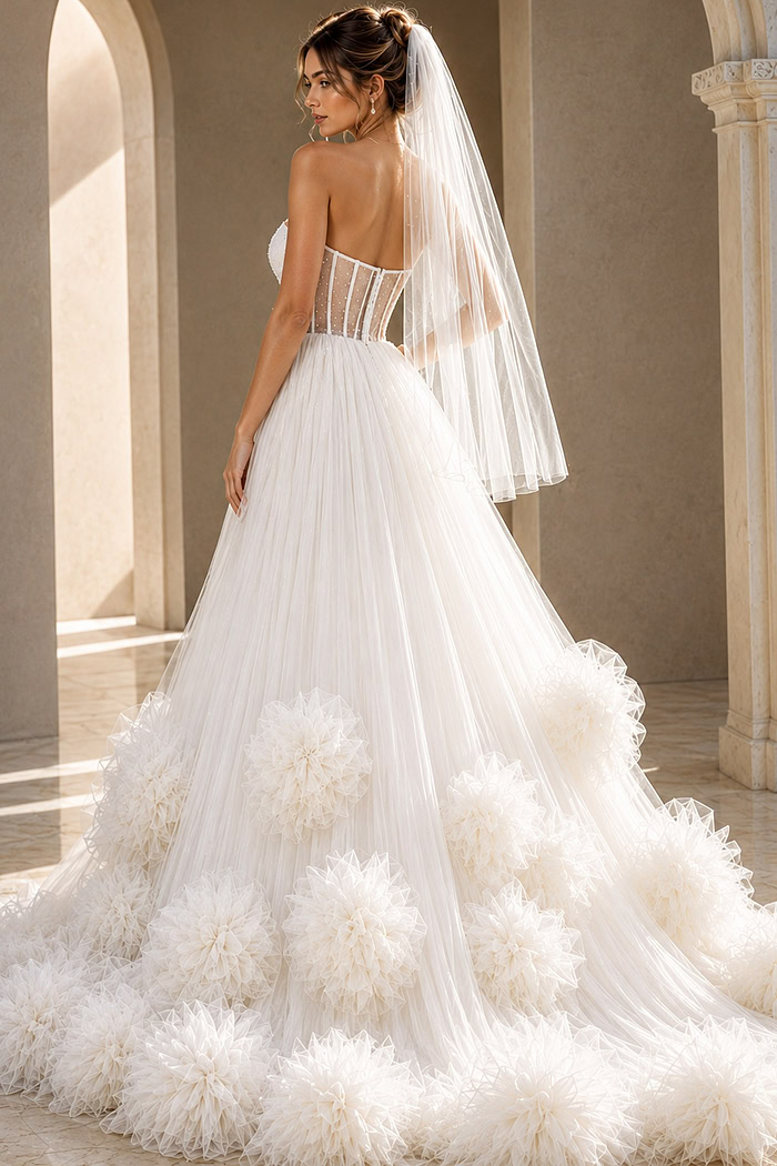 white tulle strapless ballgown wedding dress with pearl beaded corset bodice and rosette ruffle skirt, front view, Jovani Bridal style JB42782