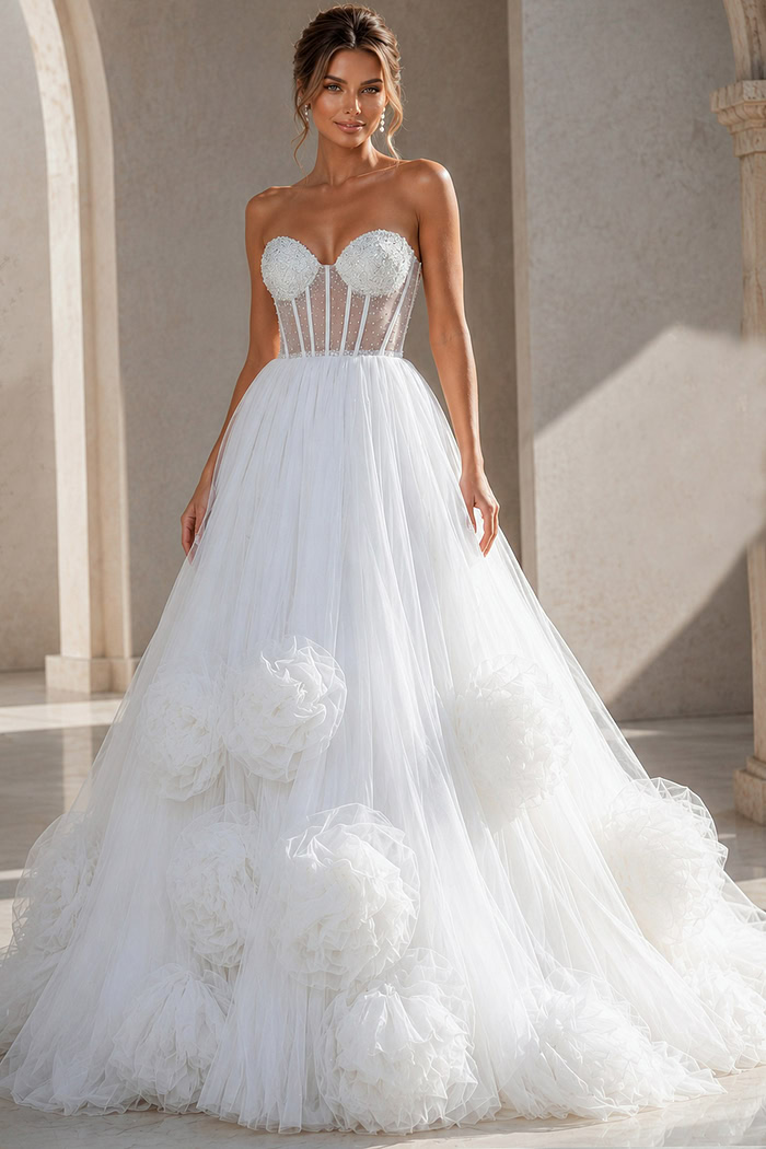 white tulle strapless ballgown wedding dress with pearl beaded corset bodice and rosette ruffle skirt, front view, Jovani Bridal style JB42782