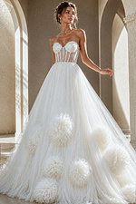 white tulle strapless ballgown wedding dress with pearl beaded corset bodice and rosette ruffle skirt, front view, Jovani Bridal style JB42782